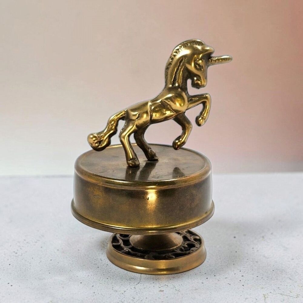 Vintage Brass Unicorn Music Box Spinning Fantasy Figurine Working Wind Up Patina
